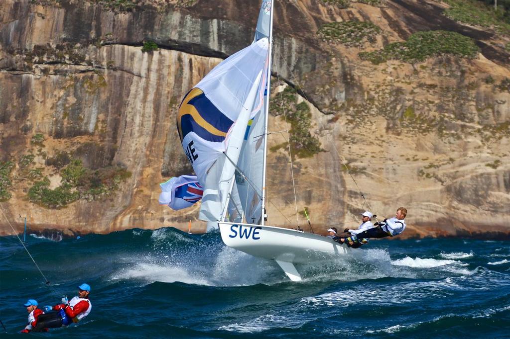 Richard Gladwell's image of the Swedish Mens 470 crew as they launch in the 20-25kts winds and 3-4 metre Atlantic Ocean swells heading for the finish of Race 3 of the Mens 470, 2016 Olympics. © Richard Gladwell www.photosport.co.nz